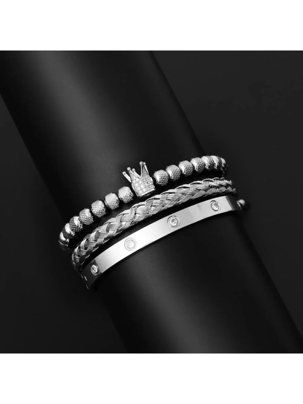 3PCS Gold Stainless Steel Crown Bracelets for Men - Adjustable Roman Numeral